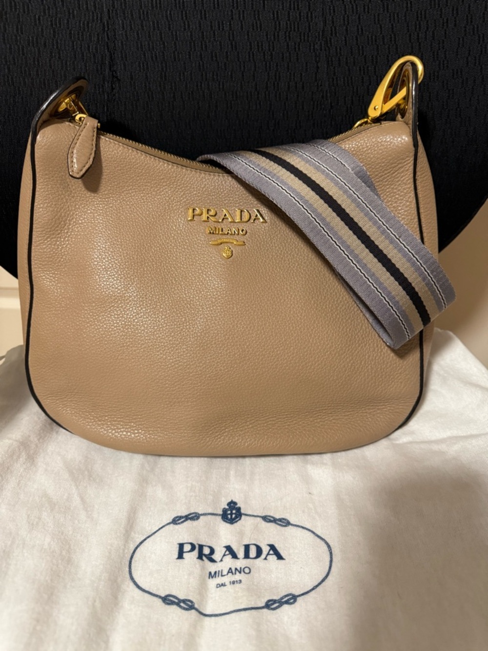 Prada Cammeo Vitello Phenix Leather Bag with Web Strap
